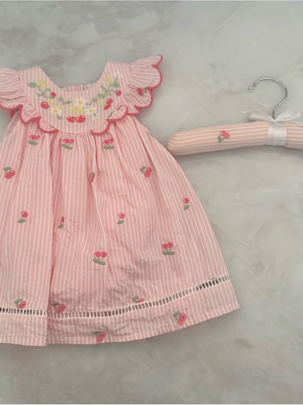 Pink Striped Embroidered Cherry Ruffle Dress for Girls